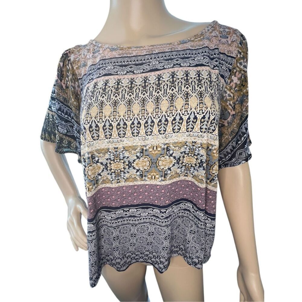 Lucky Brand Boho Mixed Pattern Striped Short Sleeve Loose Fit Blouse